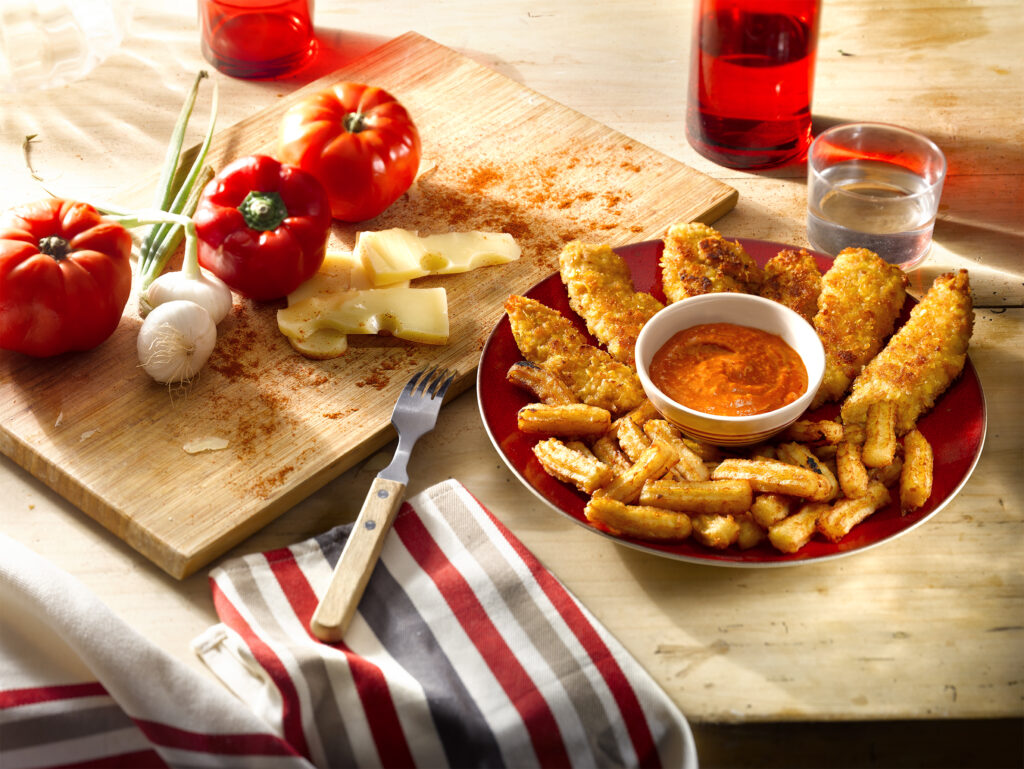 Repas avec des tenders et des potatoes de la marque Maison Tino, client de l'agence Indie